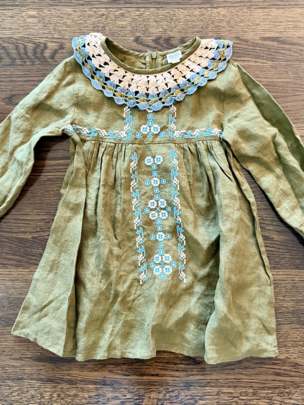 Apolina Mariette Olive Green Embroidered Linen Dress with Crochet Collar